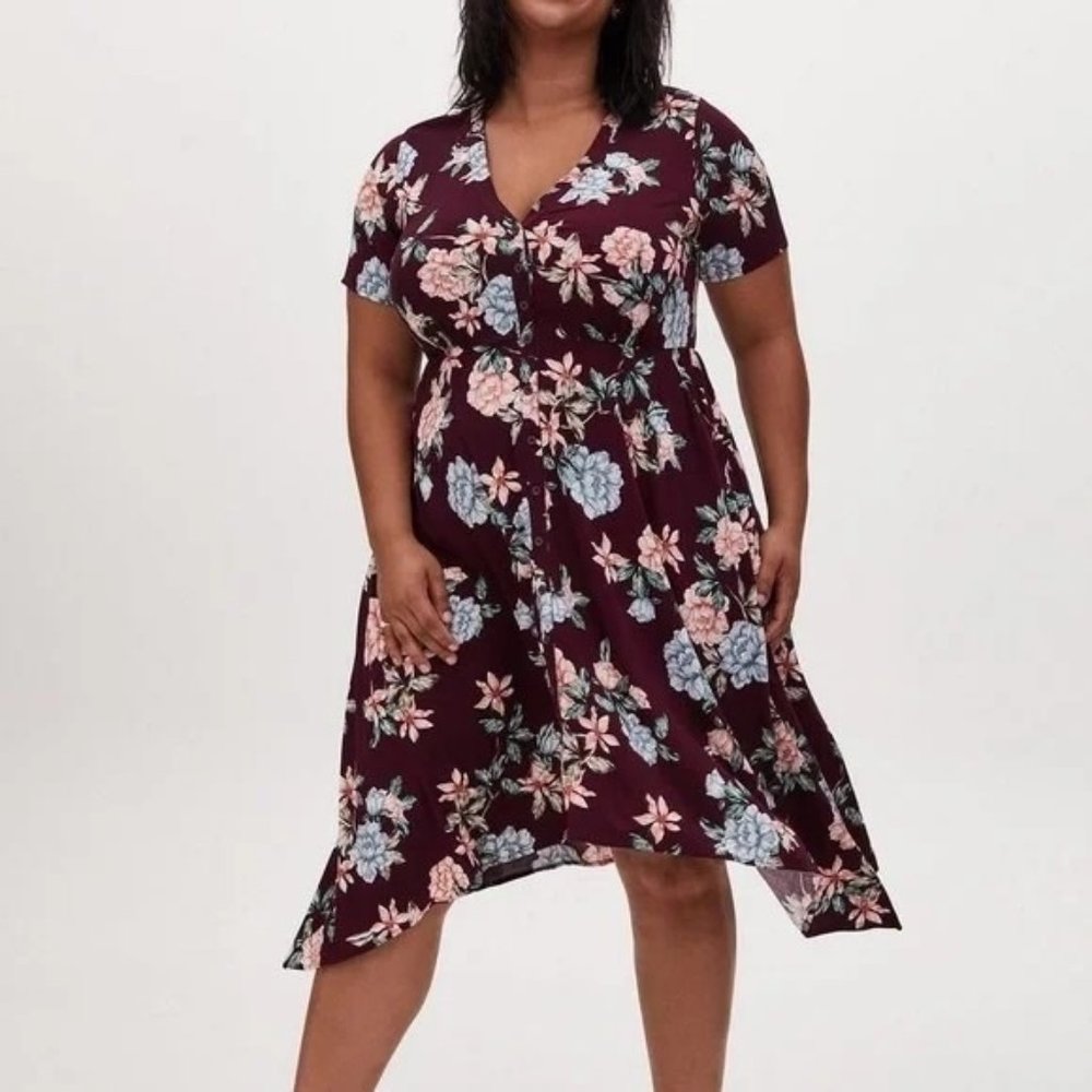 Torrid Burgundy Floral Button Up Sharkbite Hem Midi Challis Shirt Dress Plus 4X